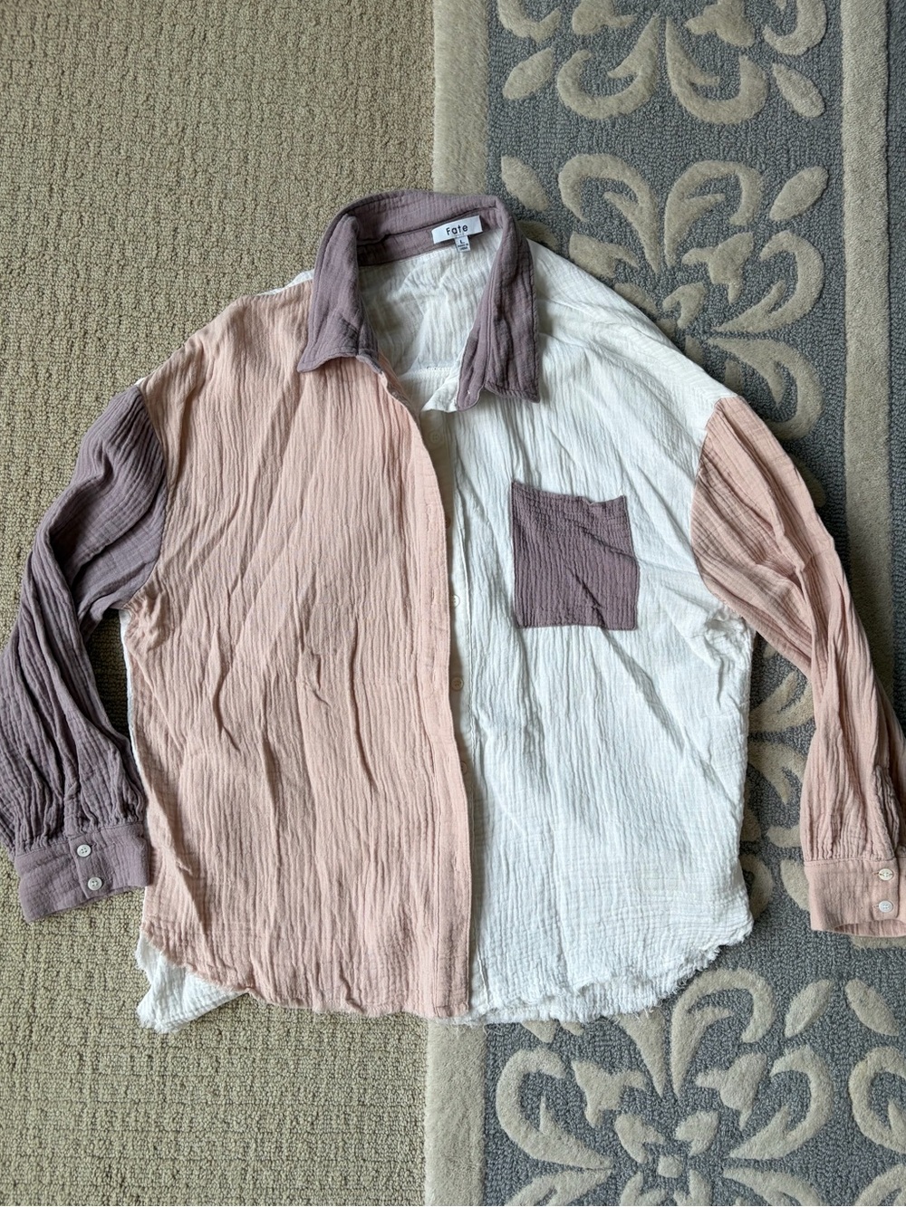 Fate Colorblock Crinkle Button-Up Shirt - Pink, White & Taupe